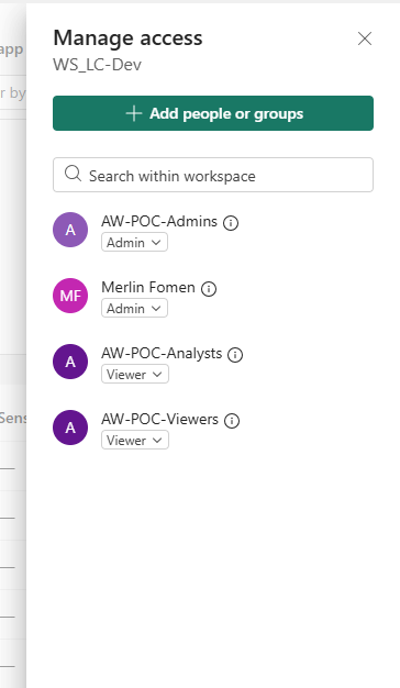 WS_LC-Dev Manage access — AW-POC-Admins: Admin, Merlin Fomen: Admin, AW-POC-Analysts: Viewer, AW-POC-Viewers: Viewer